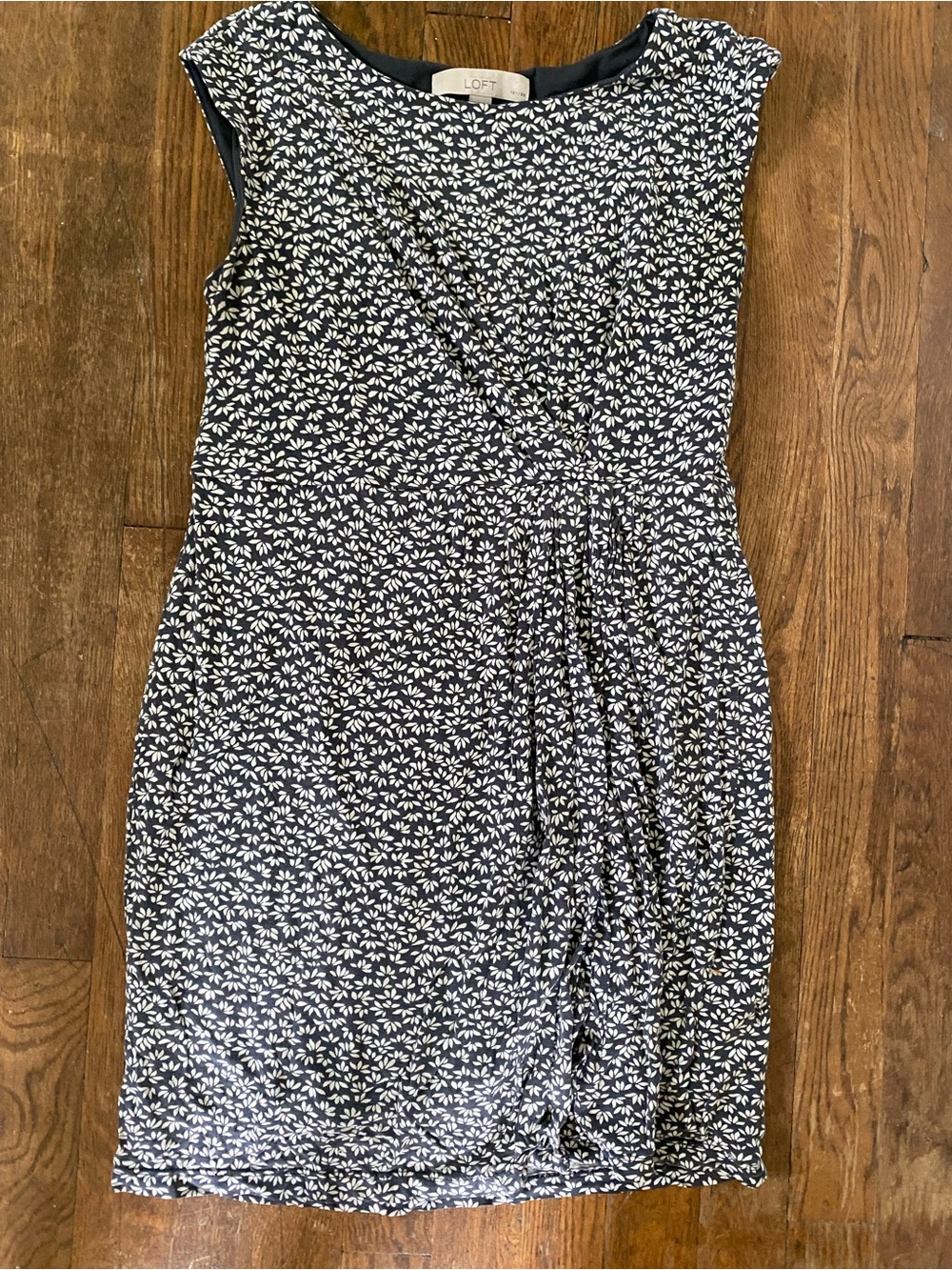 LOFT Navy Printed Cap-Sleeve Sheath Mini Dress